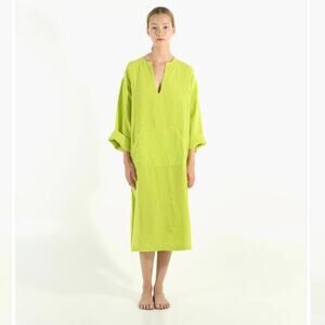 Yume Jeff Midi Pure Linen Midi Dress Kaftan Medium Green Made in EU Lagenlook